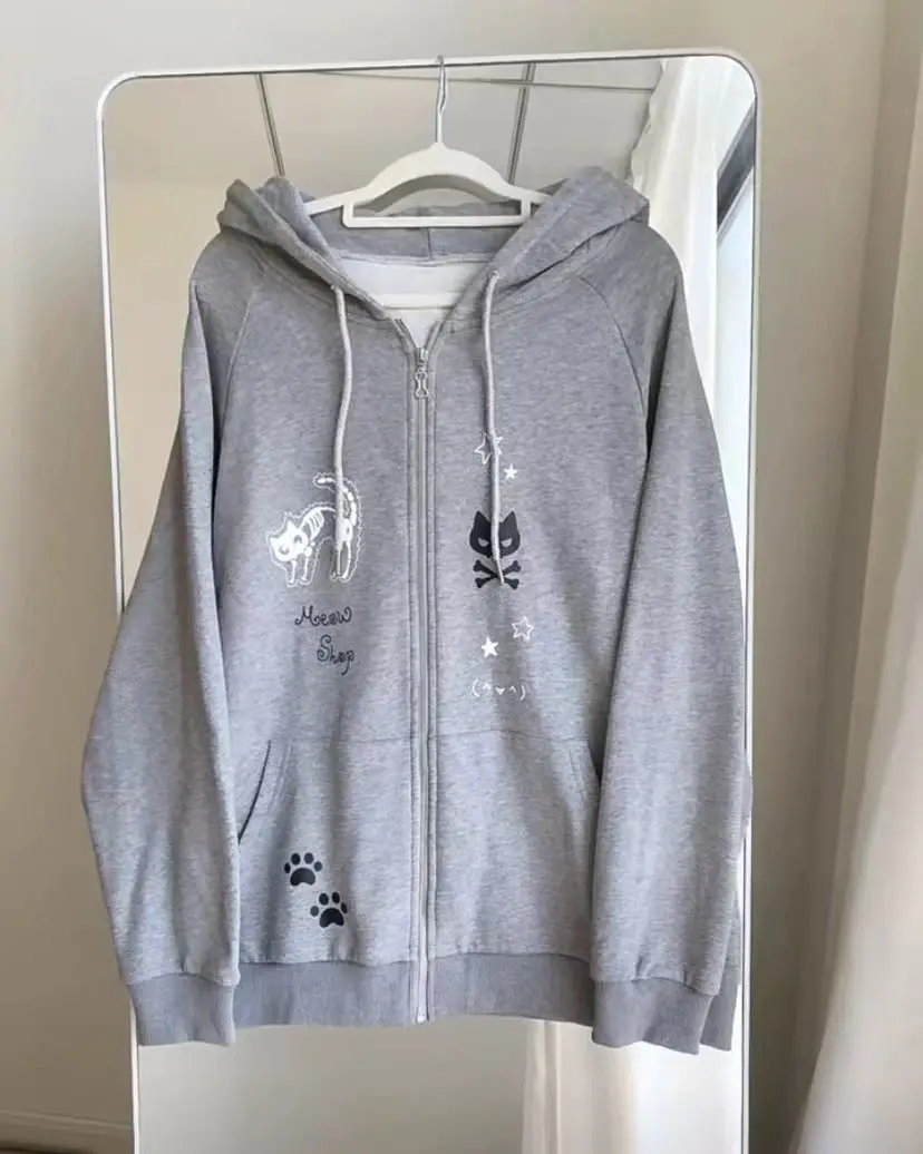 Kawaii Hoodie with Cute Gothic Cat Print - 11