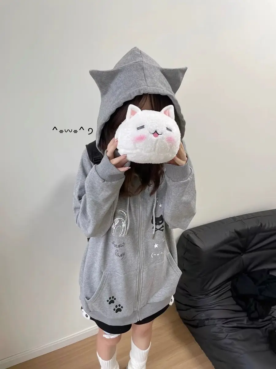 Kawaii Hoodie with Cute Gothic Cat Print - 1