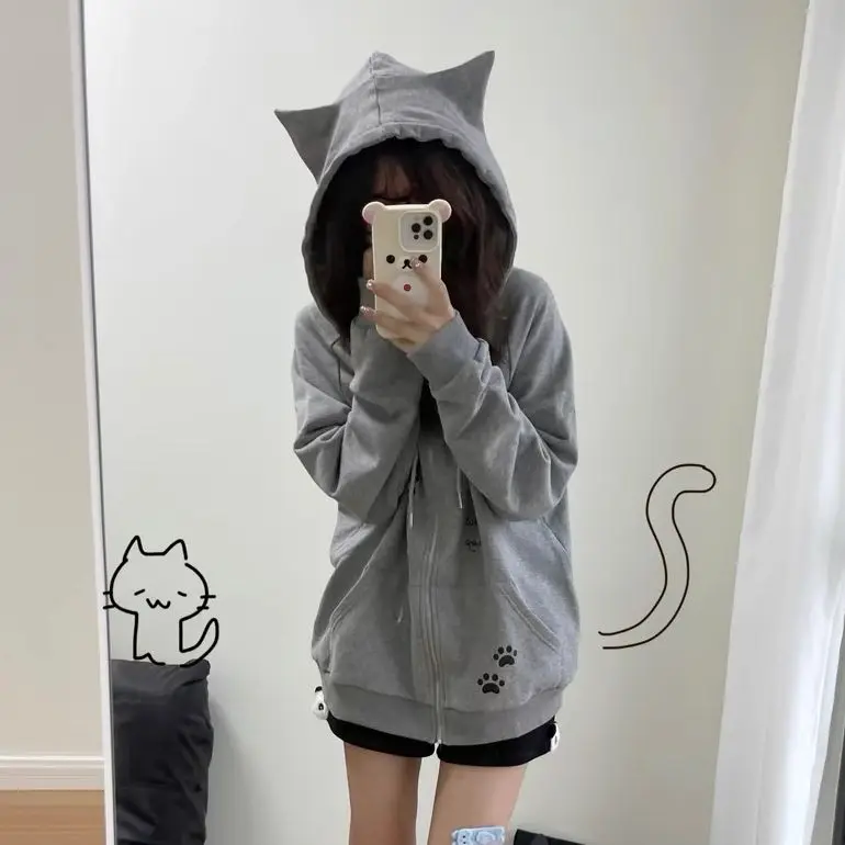 Kawaii Hoodie with Cute Gothic Cat Print - 6