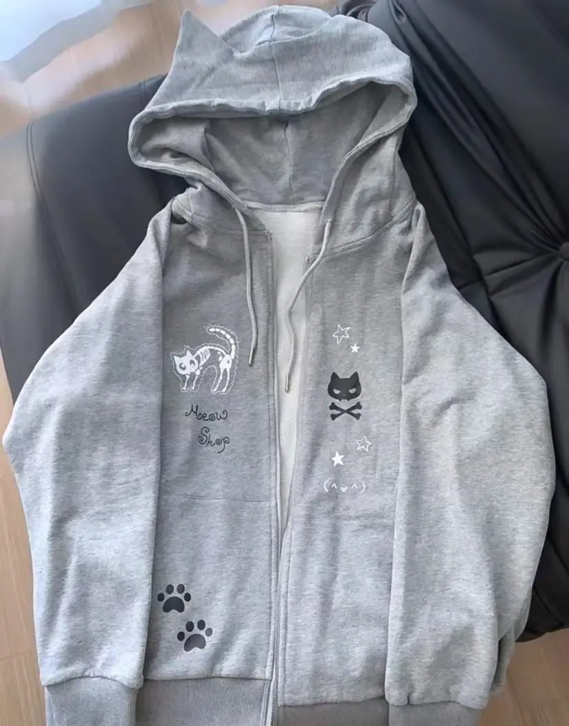 Kawaii Hoodie with Cute Gothic Cat Print - 12