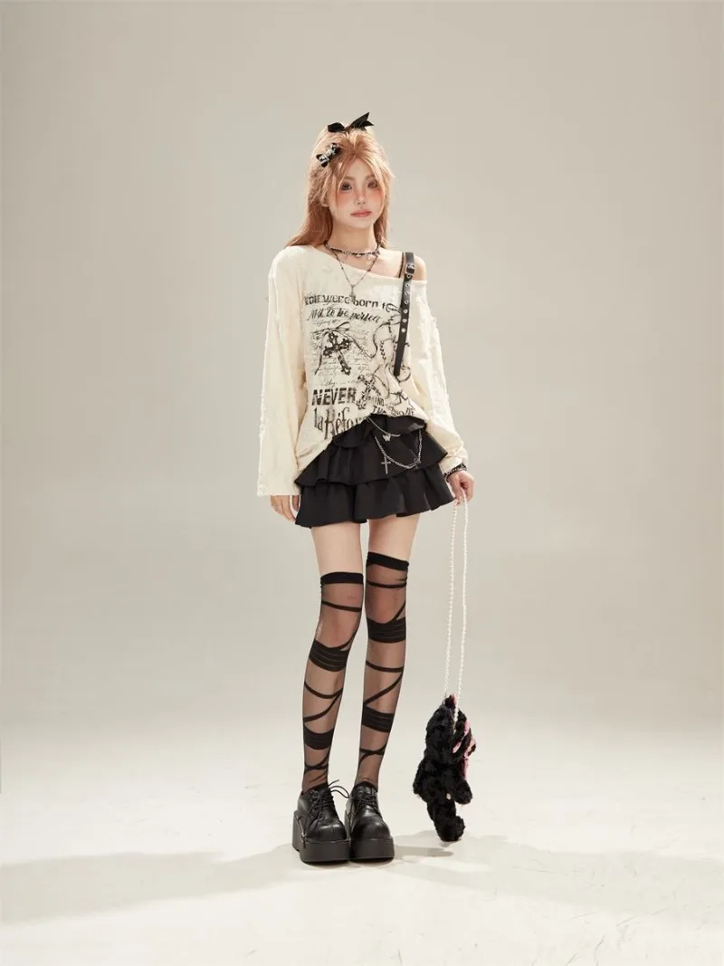 Grunge Gothic Off Shoulder T-Shirts - 11