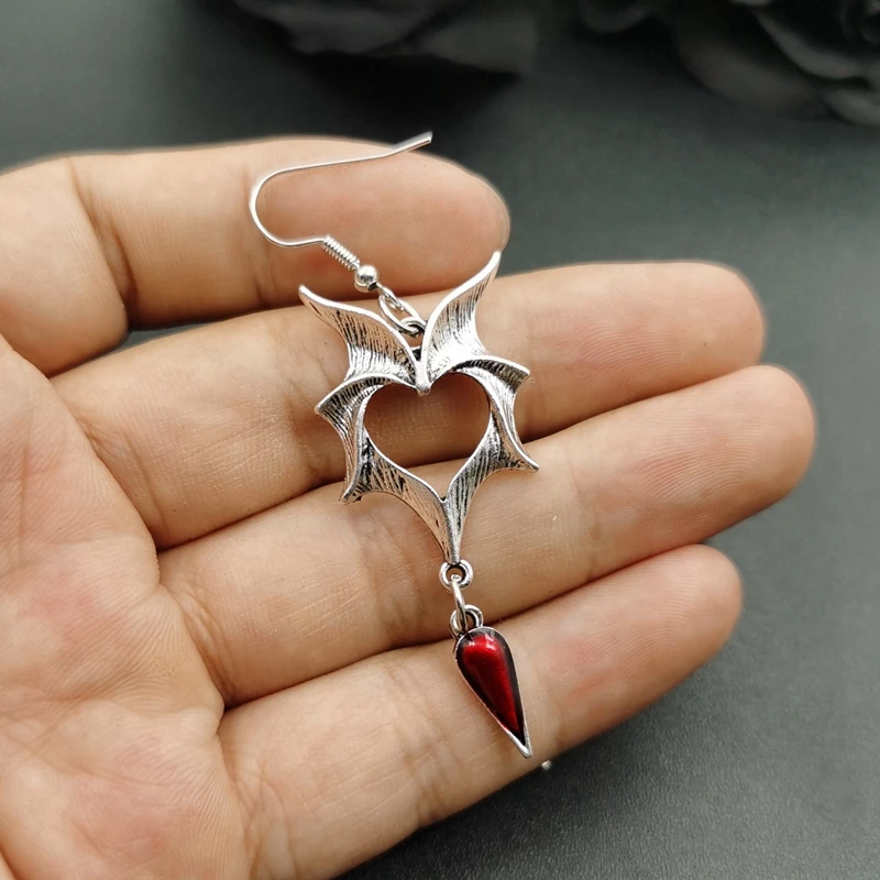 Vampire Earrings Heart shape drop of blood and Bat Wings - 3