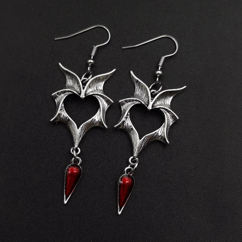 Vampire Earrings Heart shape drop of blood and Bat Wings - 1