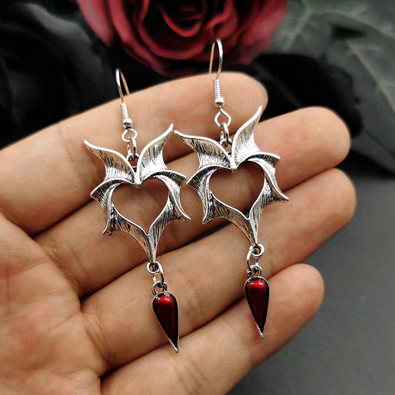 Vampire Earrings Heart shape drop of blood and Bat Wings - 2