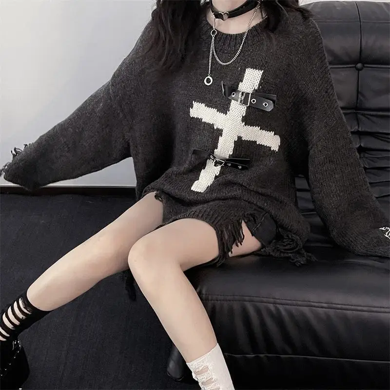 Downtown Gothic Oversized Sweater with Cross - 6