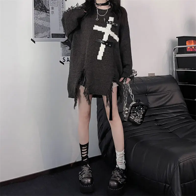 Downtown Gothic Oversized Sweater with Cross - 7