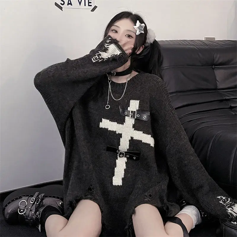 Downtown Gothic Oversized Sweater with Cross - 2