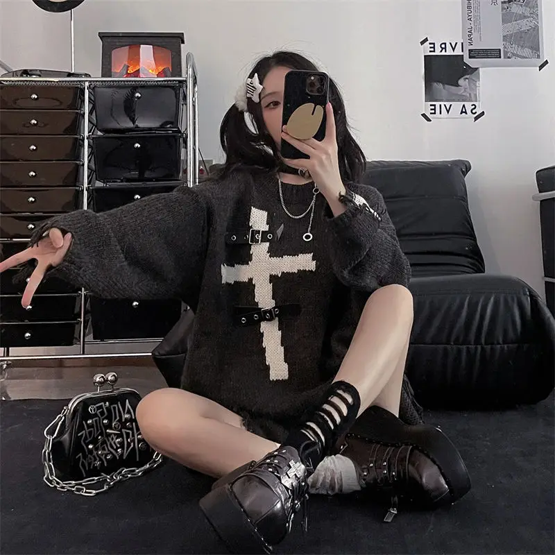 Downtown Gothic Oversized Sweater with Cross - 3