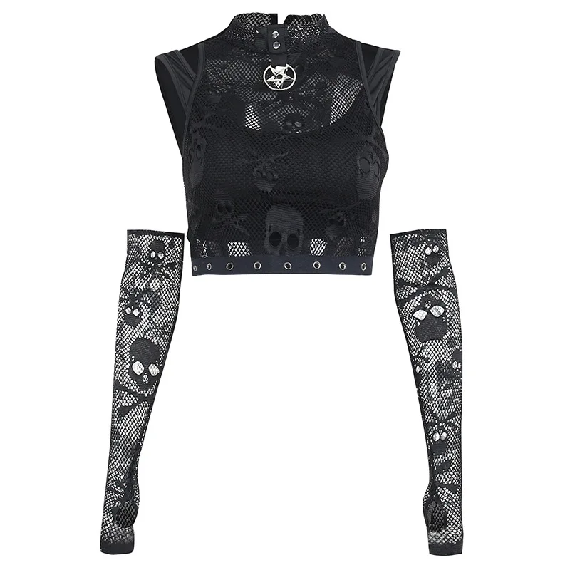 Gothis Tank Top and Gloves with Skull print Fishnet - 19