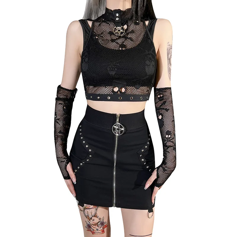 Gothis Tank Top and Gloves with Skull print Fishnet - 9