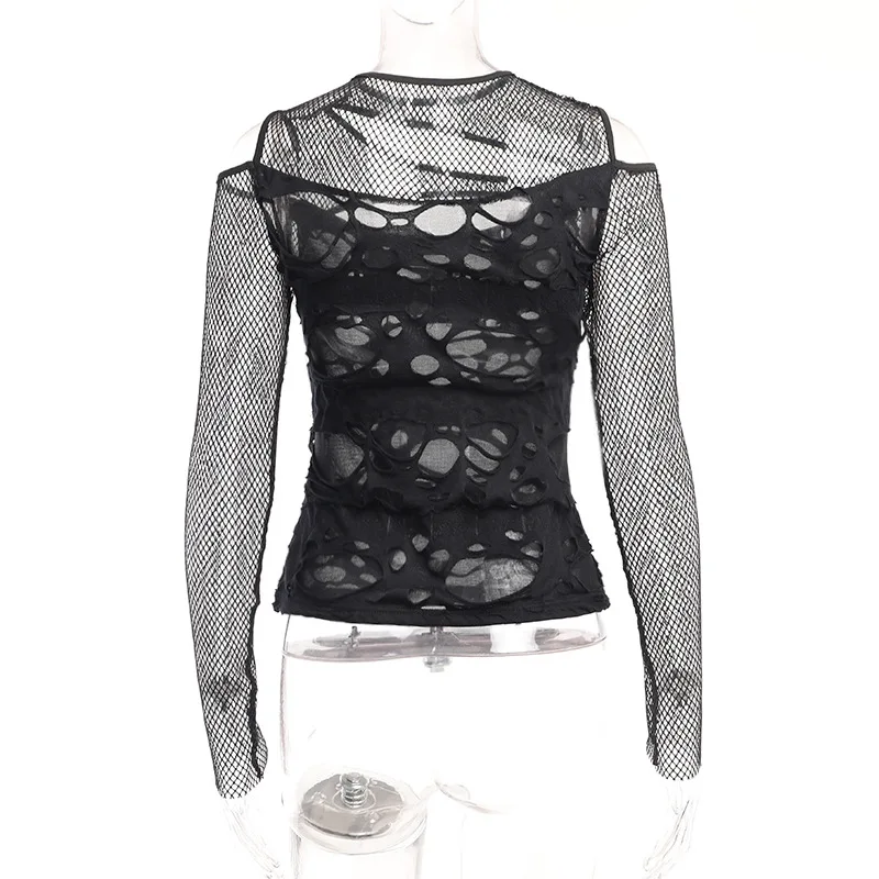 Gothic Punk T-Shirt with Mesh Sleeves - 3