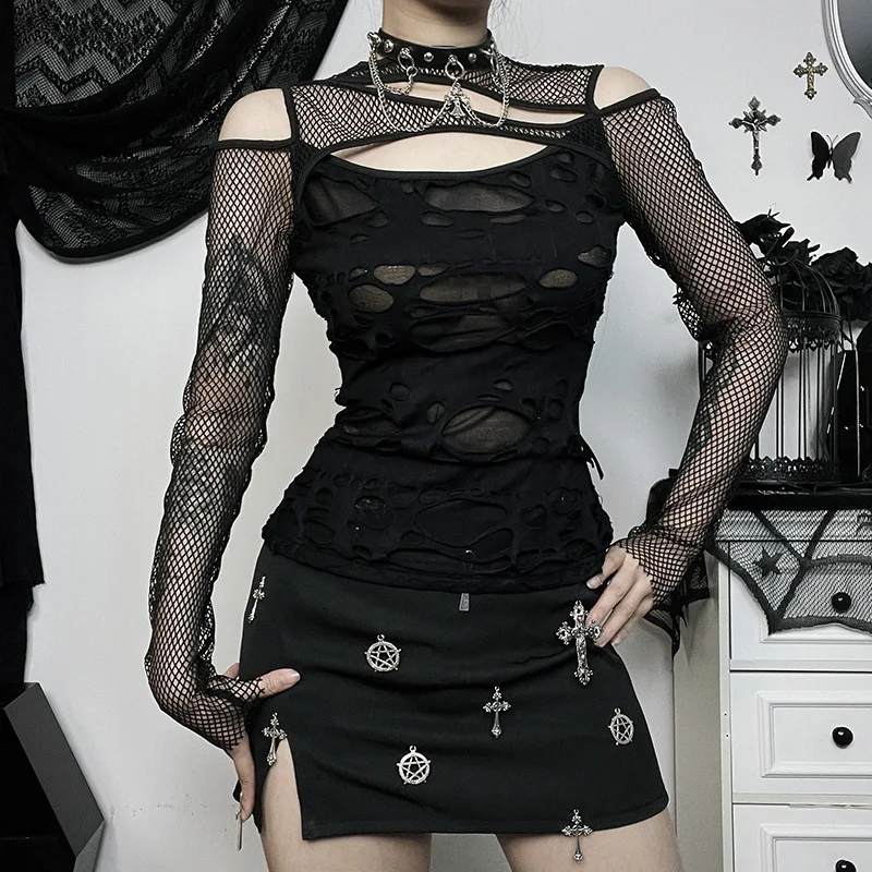 Gothic Punk T-Shirt with Mesh Sleeves - 13