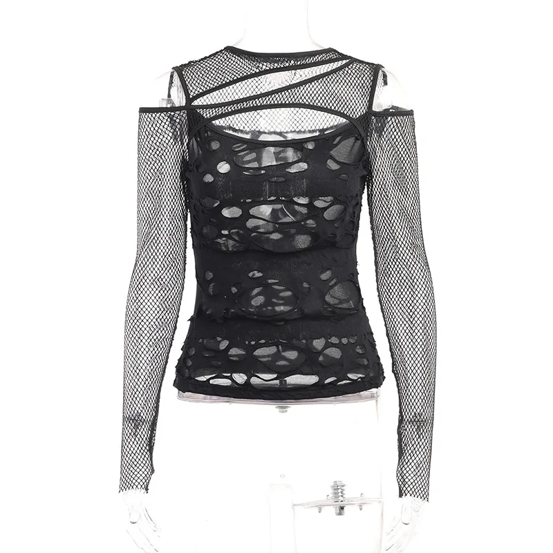 Gothic Punk T-Shirt with Mesh Sleeves - 1