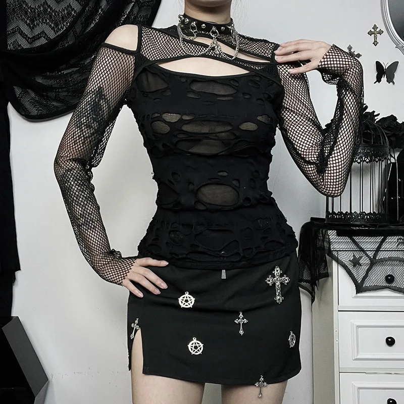 Gothic Punk T-Shirt with Mesh Sleeves - 14