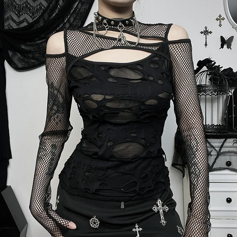 Gothic Punk T-Shirt with Mesh Sleeves - 11