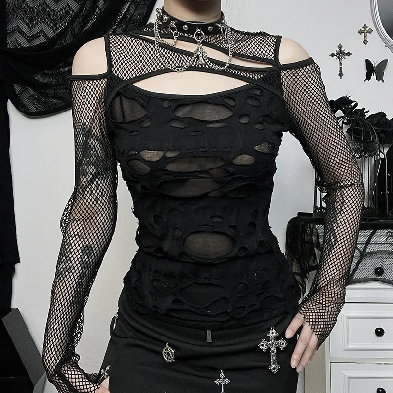 Gothic Punk T-Shirt with Mesh Sleeves - 12