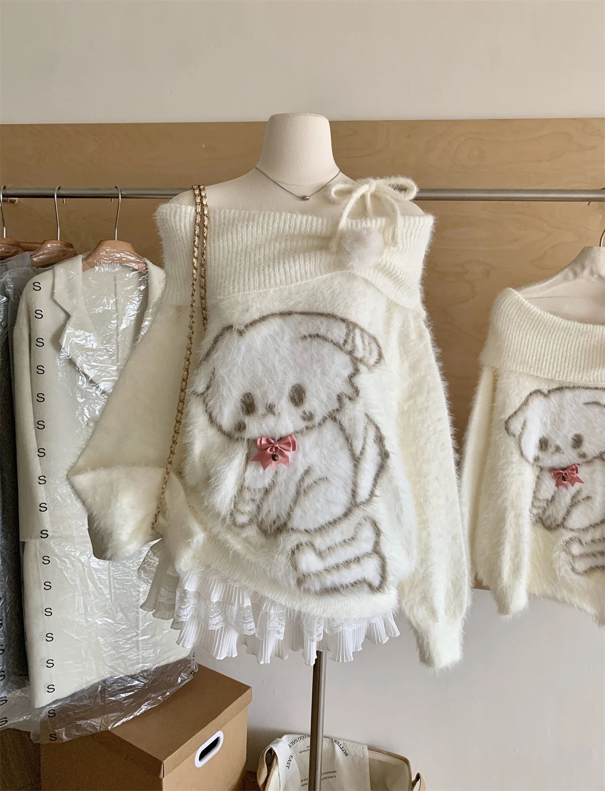 Kawaii Slash Neck Puppy print Sweater - 3