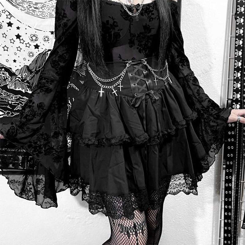 Vintage Gothic Skirt with Chains and Crosses - 4