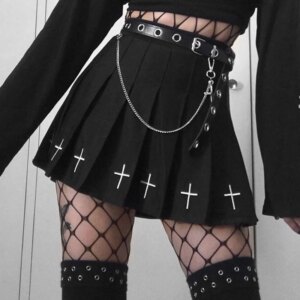 Gothic Pleated Skirt with Crosses Embroidery