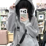 Kawaii Hoodie with Cute Gothic Cat Print photo review