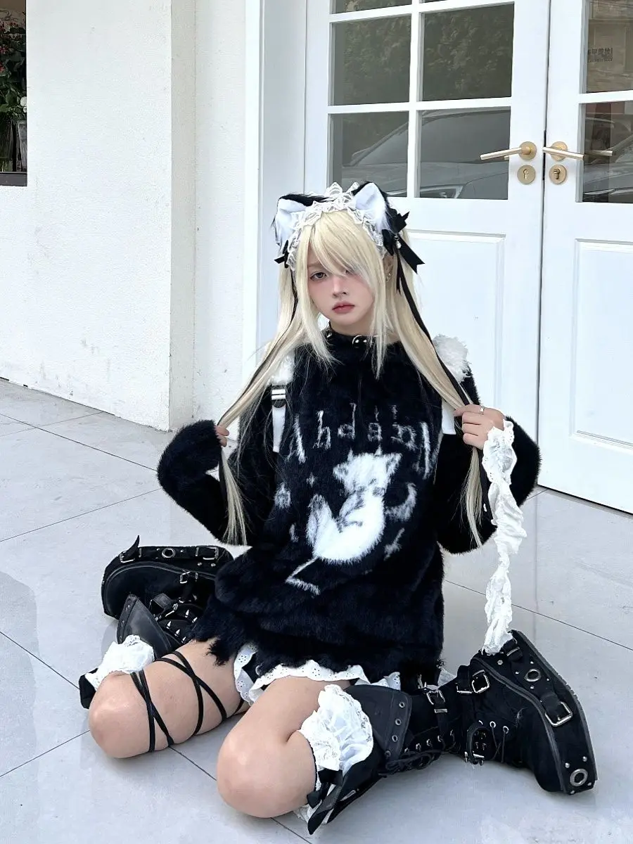 Gothic Jacquard Sweater with Devil Cat - 8