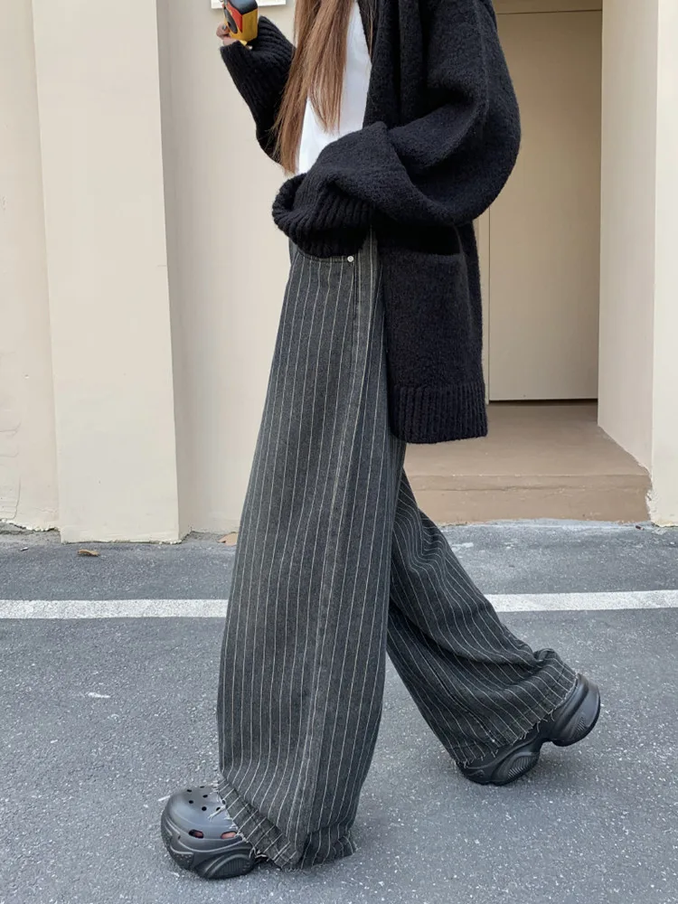 Grunge Streetwear Pinstripe Wide-Leg Pants - 8