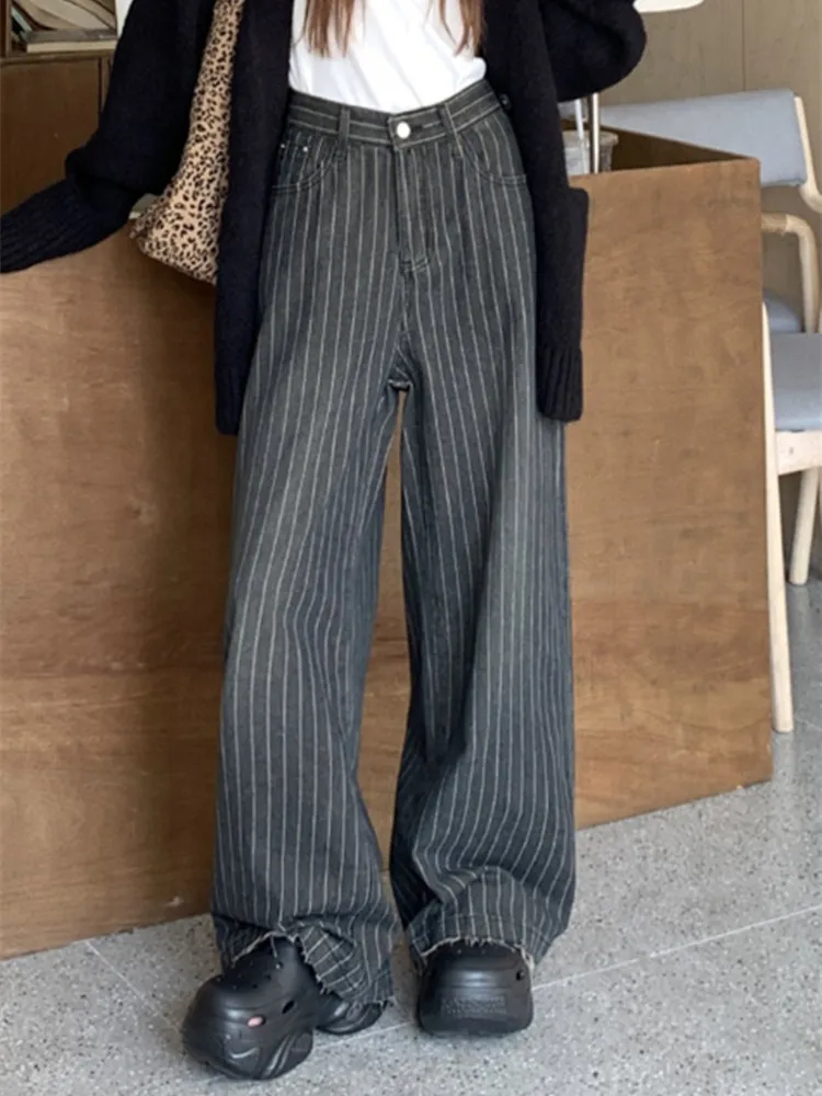 Grunge Streetwear Pinstripe Wide-Leg Pants - 5