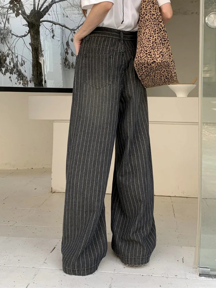 Grunge Streetwear Pinstripe Wide-Leg Pants - 3