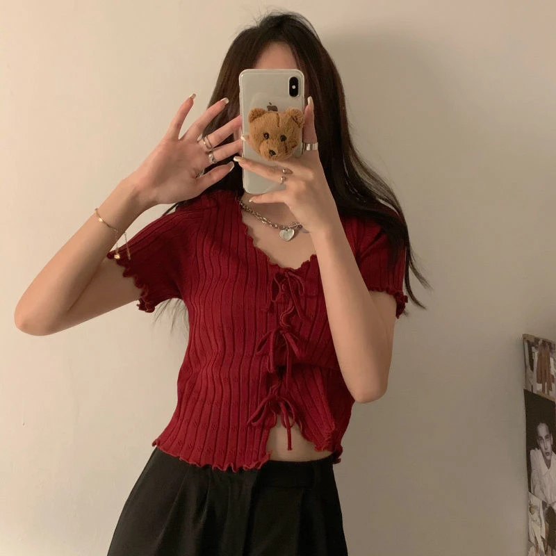 Dark Academia Lace-Up Ribbed Crop Top - 3