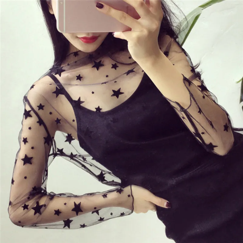 Grunge Streetwear Star-Print Sheer Top - 3