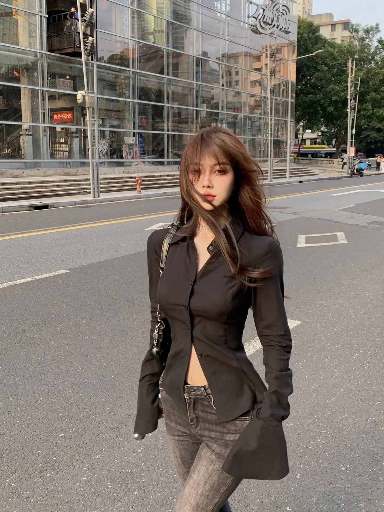 Women Sexy Solid Color Slim Chiffon Shirt Turn-down Collar Flare Sleeve Tunic Bandage Design Vintage Female Blouses Spring 2025