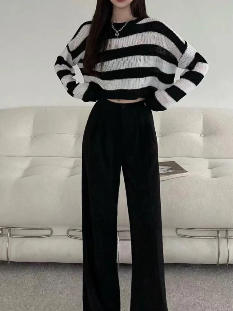 Y2K Grunge Cropped Striped Knit Sweater - 2 Y2K Grunge Cropped Striped Knit Sweater - 2