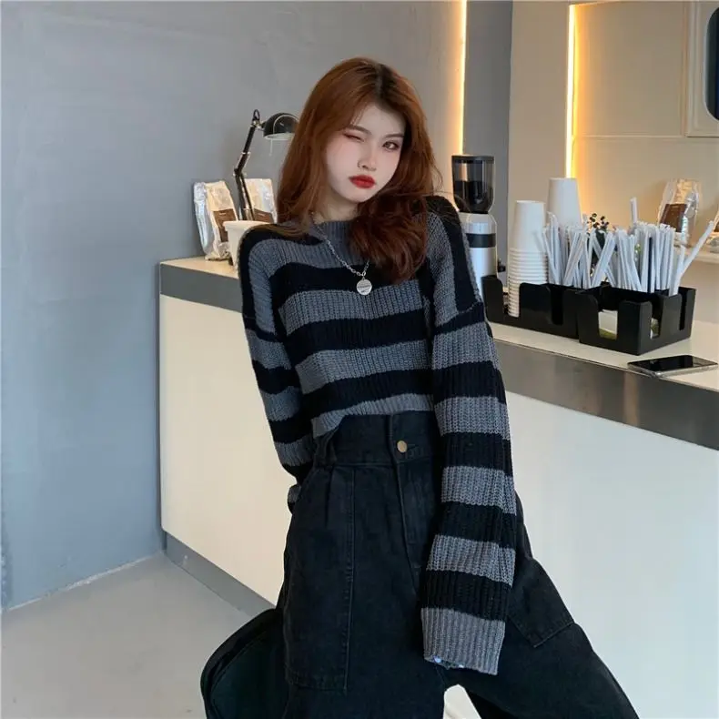 Y2K Grunge Cropped Striped Knit Sweater - 7 Y2K Grunge Cropped Striped Knit Sweater - 7