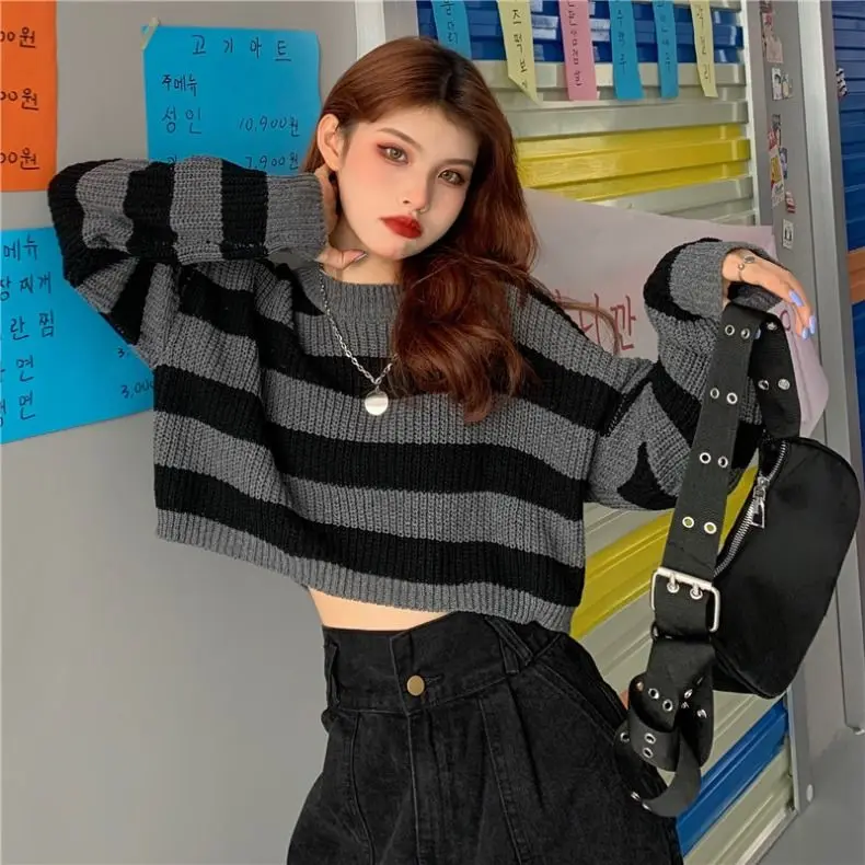 Y2K Grunge Cropped Striped Knit Sweater - 13 Y2K Grunge Cropped Striped Knit Sweater - 13