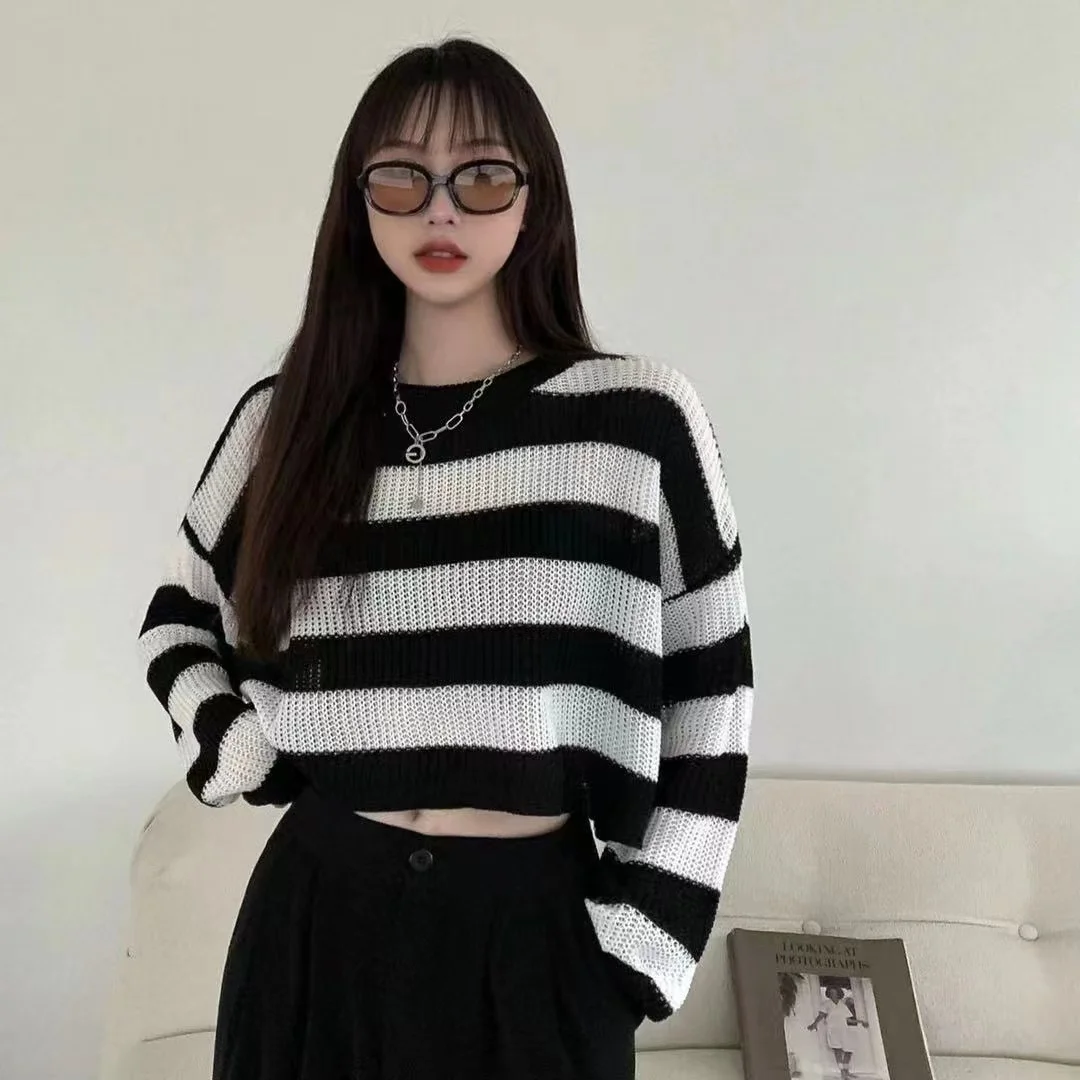 Y2K Grunge Cropped Striped Knit Sweater - 1 Y2K Grunge Cropped Striped Knit Sweater - 1
