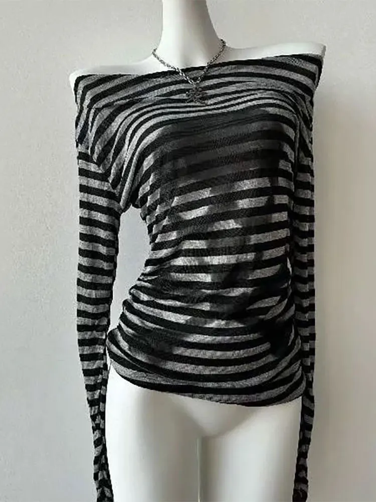Cyber Grunge Asymmetrical Striped Off-Shoulder Top - 2 Cyber Grunge Asymmetrical Striped Off-Shoulder Top - 2