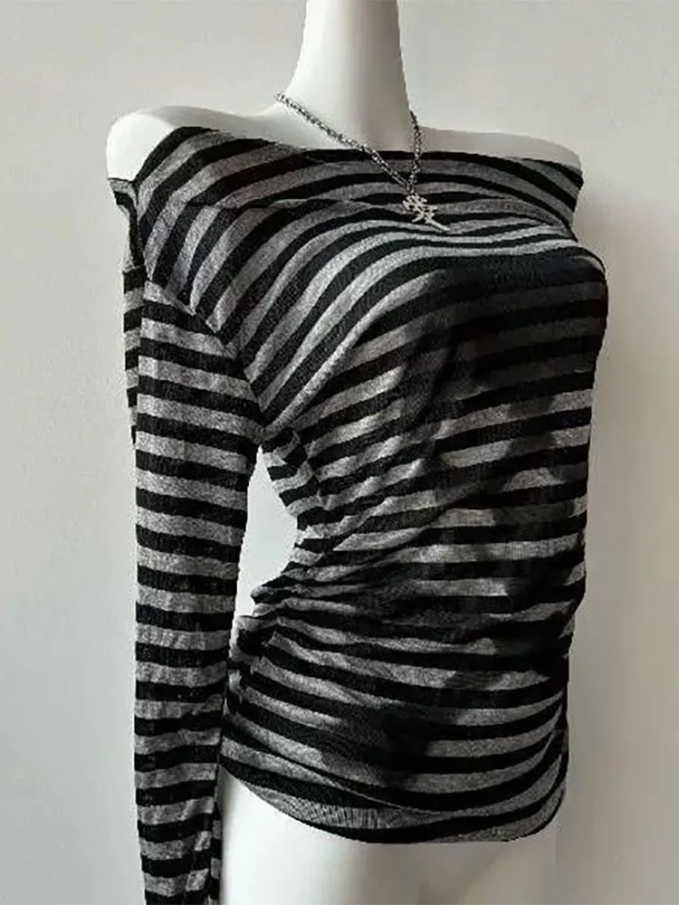 Cyber Grunge Asymmetrical Striped Off-Shoulder Top - 4 Cyber Grunge Asymmetrical Striped Off-Shoulder Top - 4