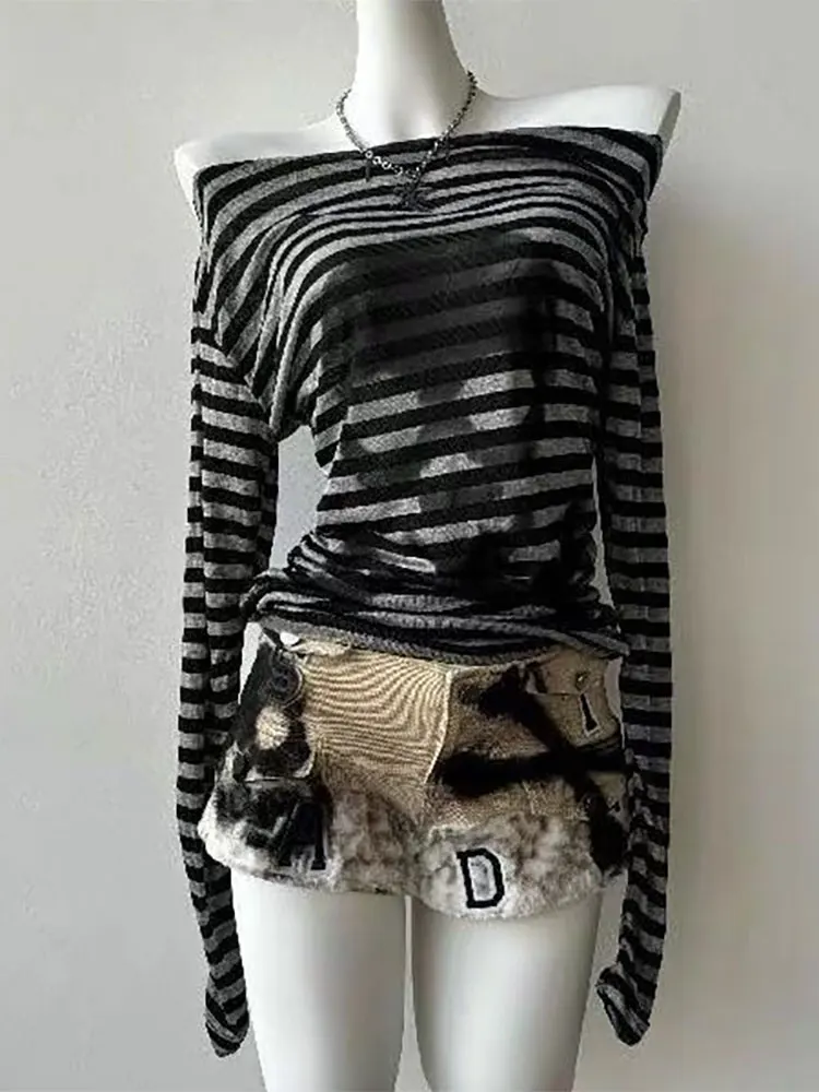 Cyber Grunge Asymmetrical Striped Off-Shoulder Top - 1 Cyber Grunge Asymmetrical Striped Off-Shoulder Top - 1