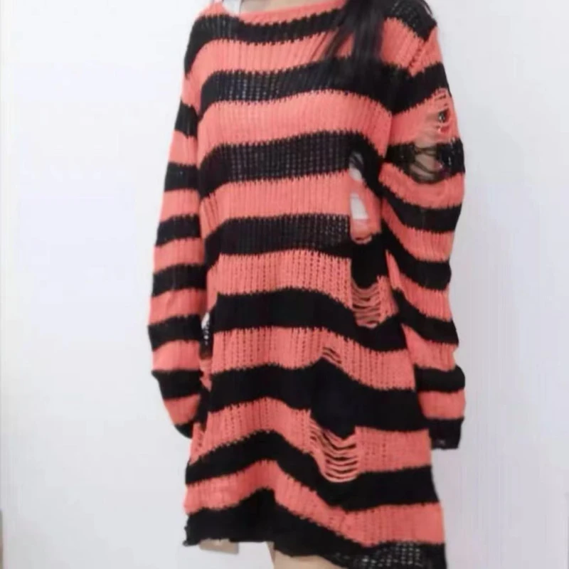 Grunge Y2K Distressed Striped Knit Sweater - 8 Grunge Y2K Distressed Striped Knit Sweater - 8