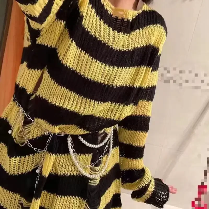 Grunge Y2K Distressed Striped Knit Sweater - 5 Grunge Y2K Distressed Striped Knit Sweater - 5