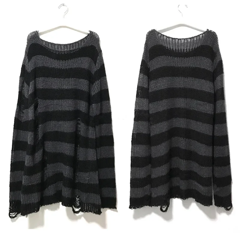 Grunge Y2K Distressed Striped Knit Sweater - 10 Grunge Y2K Distressed Striped Knit Sweater - 10