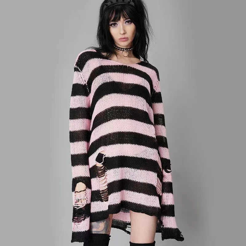 Grunge Y2K Distressed Striped Knit Sweater - 4 Grunge Y2K Distressed Striped Knit Sweater - 4