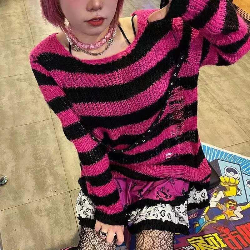 Grunge Y2K Distressed Striped Knit Sweater - 1 Grunge Y2K Distressed Striped Knit Sweater - 1