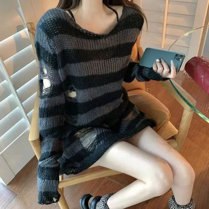 Grunge Y2K Distressed Striped Knit Sweater - 3 Grunge Y2K Distressed Striped Knit Sweater - 3