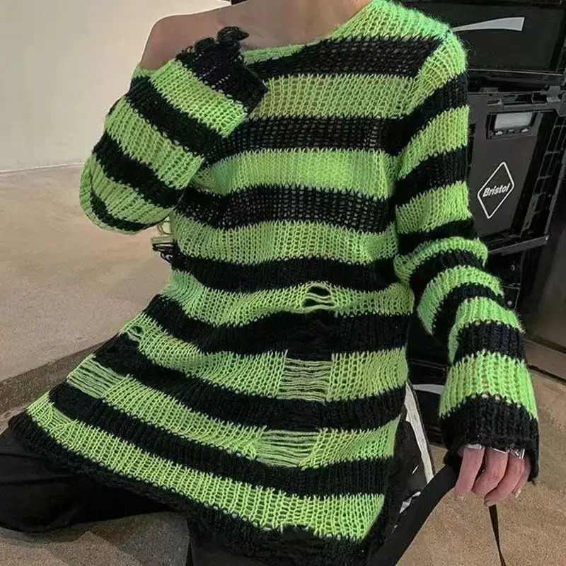 Grunge Y2K Distressed Striped Knit Sweater - 9 Grunge Y2K Distressed Striped Knit Sweater - 9