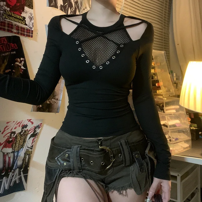 Cyberpunk Alt Mesh Cut-Out Long-Sleeve Top - 13 Cyberpunk Alt Mesh Cut-Out Long-Sleeve Top - 13