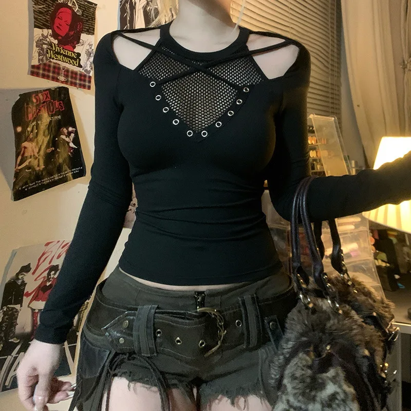 Cyberpunk Alt Mesh Cut-Out Long-Sleeve Top - 12 Cyberpunk Alt Mesh Cut-Out Long-Sleeve Top - 12
