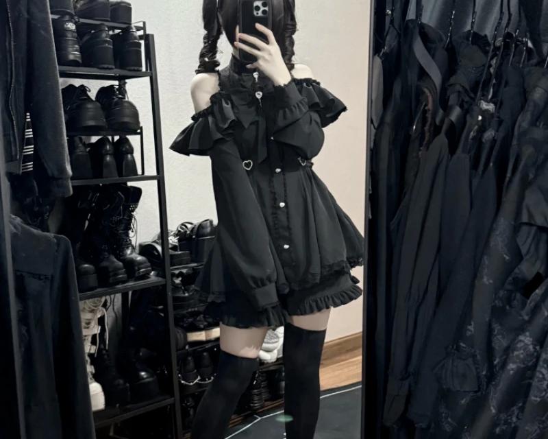Gothic Lolita Ruffled Button-Up Dress with Attached Shorts - 3 Gothic Lolita Ruffled Button-Up Dress with Attached Shorts - 3