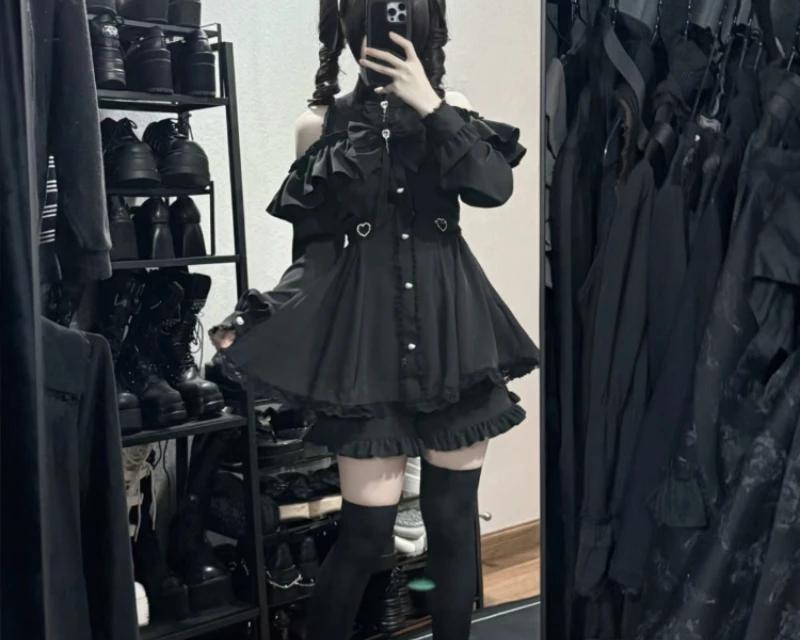Gothic Lolita Ruffled Button-Up Dress with Attached Shorts - 6 Gothic Lolita Ruffled Button-Up Dress with Attached Shorts - 6