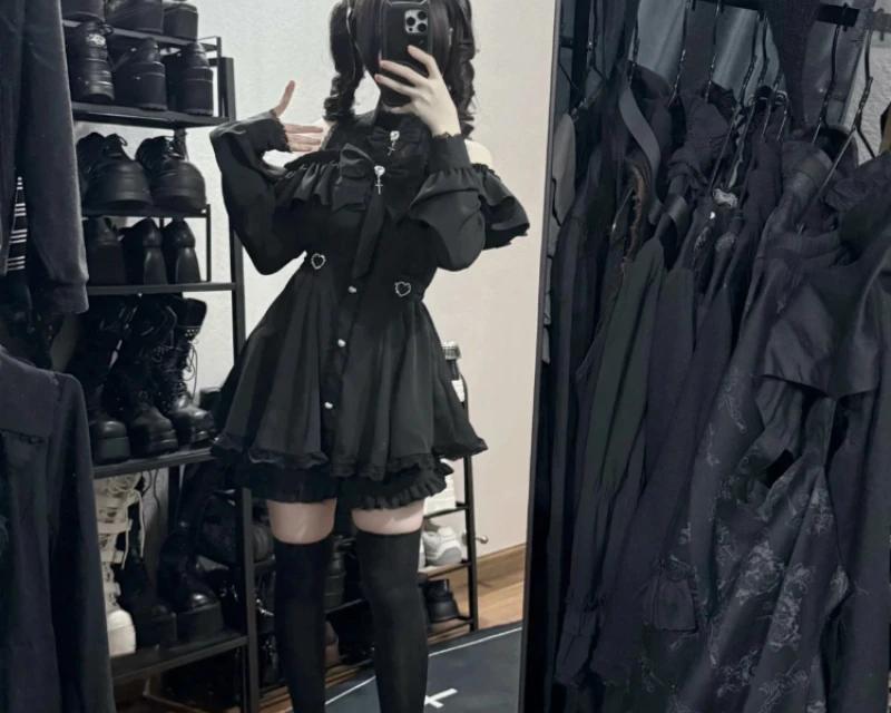 Gothic Lolita Ruffled Button-Up Dress with Attached Shorts - 5 Gothic Lolita Ruffled Button-Up Dress with Attached Shorts - 5